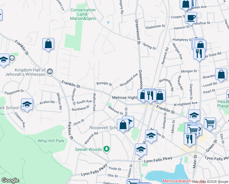 map of restaurants, bars, coffee shops, grocery stores, and more near 783 Franklin Street in Melrose