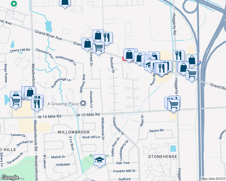 map of restaurants, bars, coffee shops, grocery stores, and more near 24420 Bashian Drive in Novi