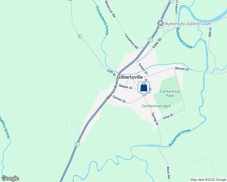 map of restaurants, bars, coffee shops, grocery stores, and more near New York 51 in Gilbertsville