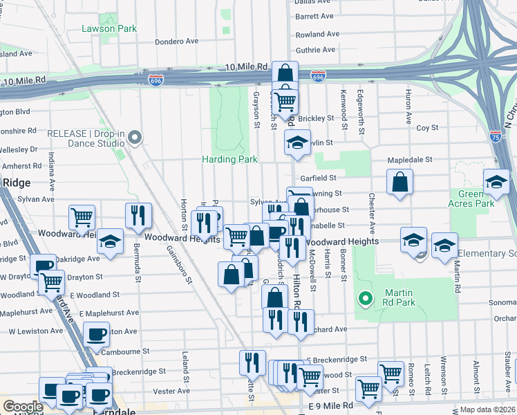 map of restaurants, bars, coffee shops, grocery stores, and more near 2815 Grayson Street in Ferndale