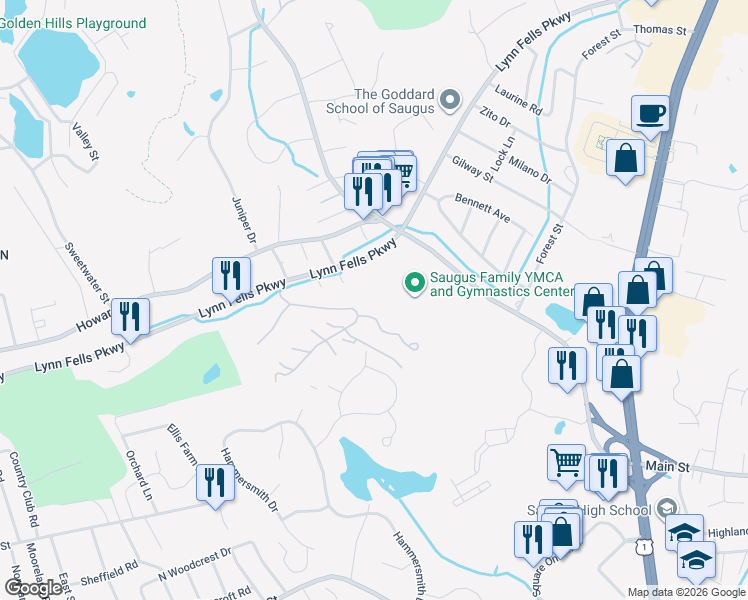 map of restaurants, bars, coffee shops, grocery stores, and more near 607 Lewis O Gray Drive in Saugus