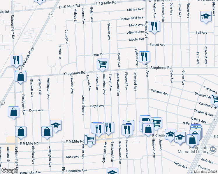 map of restaurants, bars, coffee shops, grocery stores, and more near 23603 Stewart Avenue in Warren