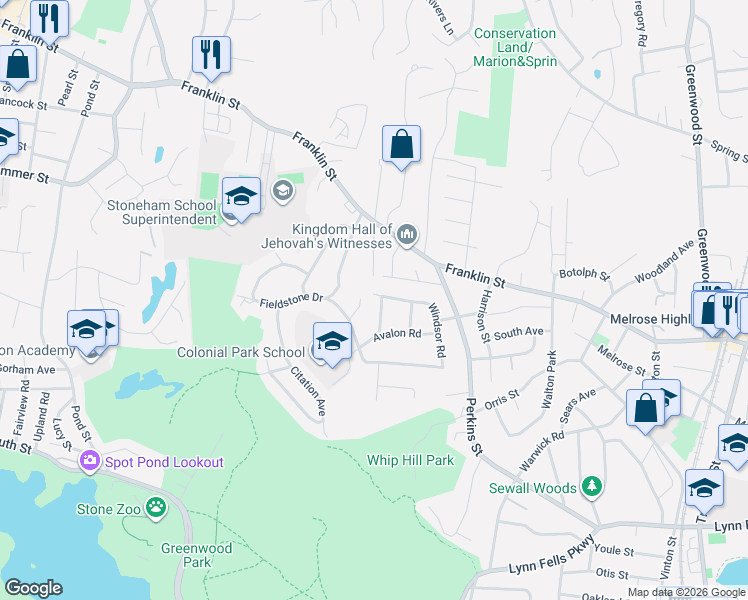 map of restaurants, bars, coffee shops, grocery stores, and more near 6 Sheffield Road in Stoneham