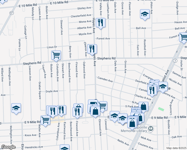 map of restaurants, bars, coffee shops, grocery stores, and more near 23040 Hayes Avenue in Eastpointe