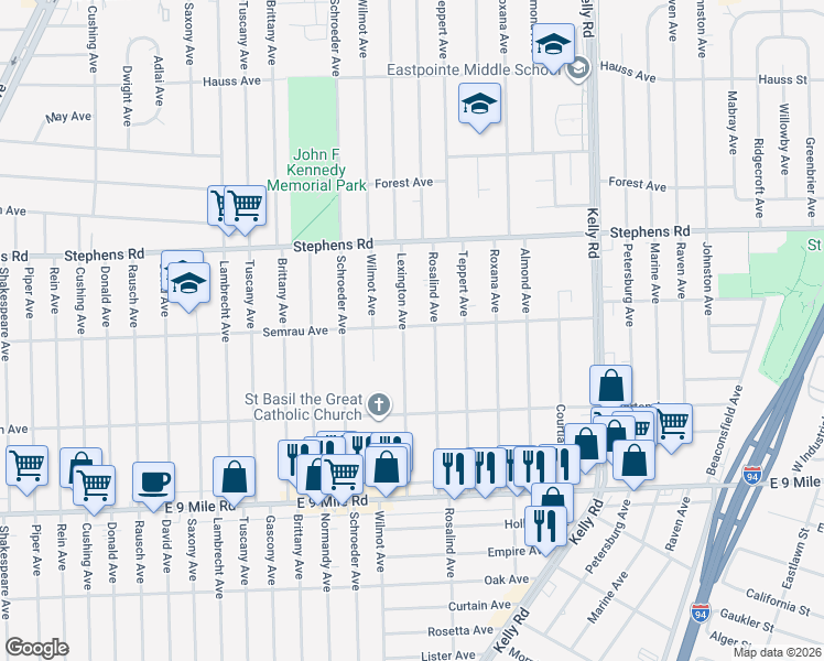 map of restaurants, bars, coffee shops, grocery stores, and more near 23335 Rosalind Avenue in Eastpointe