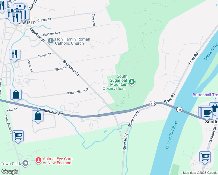 map of restaurants, bars, coffee shops, grocery stores, and more near 89 Sugarloaf Street in Deerfield