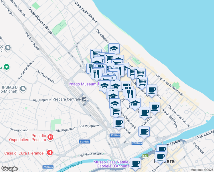 map of restaurants, bars, coffee shops, grocery stores, and more near 16 Via Trento in Pescara