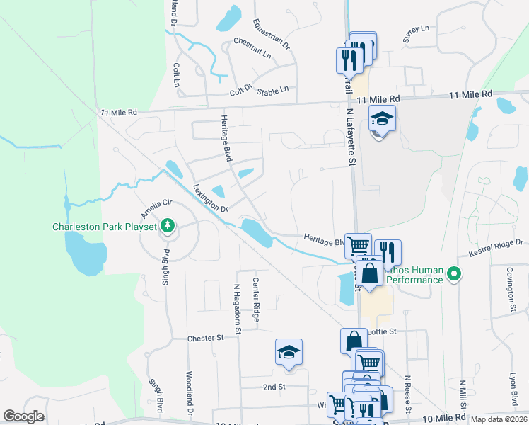 map of restaurants, bars, coffee shops, grocery stores, and more near 25865 Jamestown Court in South Lyon