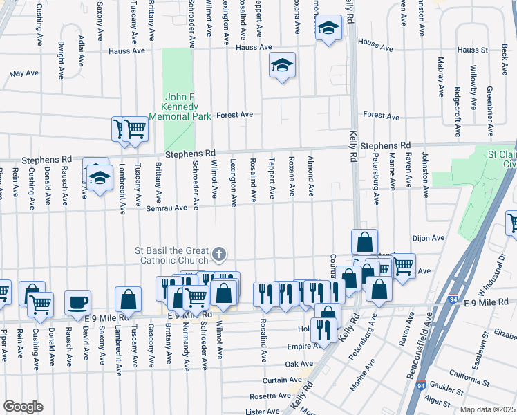 map of restaurants, bars, coffee shops, grocery stores, and more near 23380 Rosalind Avenue in Eastpointe