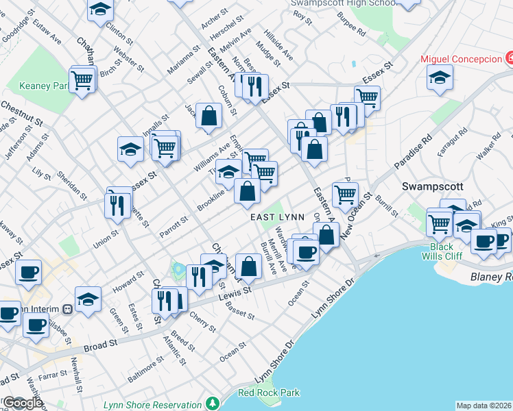 map of restaurants, bars, coffee shops, grocery stores, and more near 56 Sanderson Avenue in Lynn