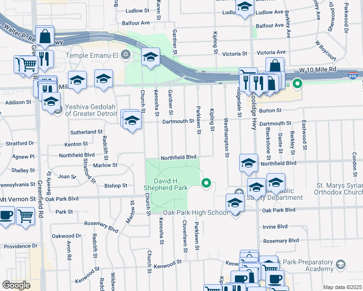 map of restaurants, bars, coffee shops, grocery stores, and more near 24210 Cloverlawn Street in Oak Park