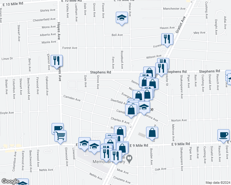 map of restaurants, bars, coffee shops, grocery stores, and more near 15628 Evergreen Avenue in Eastpointe