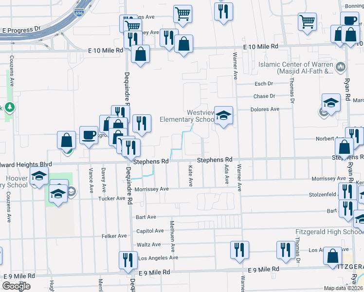 map of restaurants, bars, coffee shops, grocery stores, and more near 24005 Wedgewood Circle in Warren