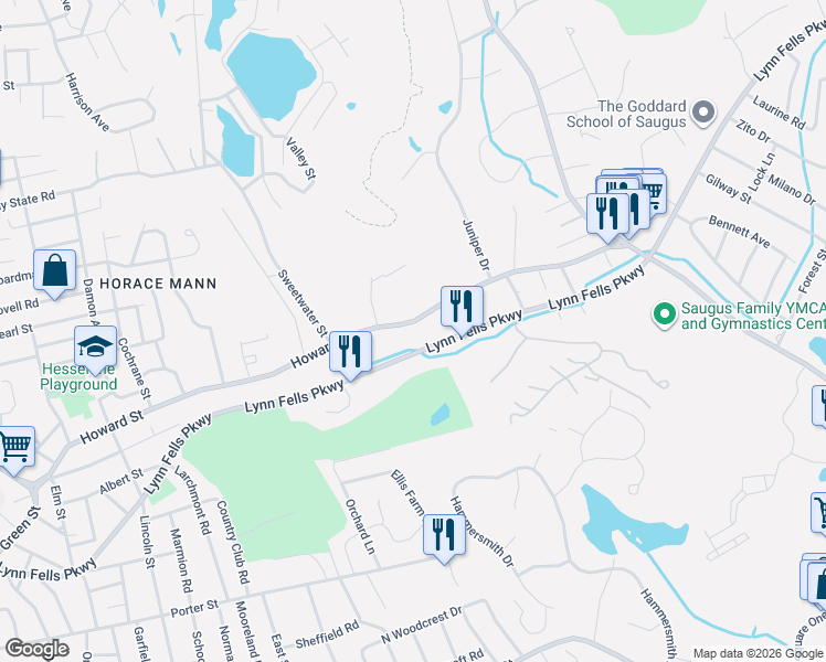 map of restaurants, bars, coffee shops, grocery stores, and more near 94 Howard Street in Saugus