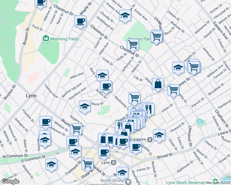 map of restaurants, bars, coffee shops, grocery stores, and more near 68 Rockaway Street in Lynn