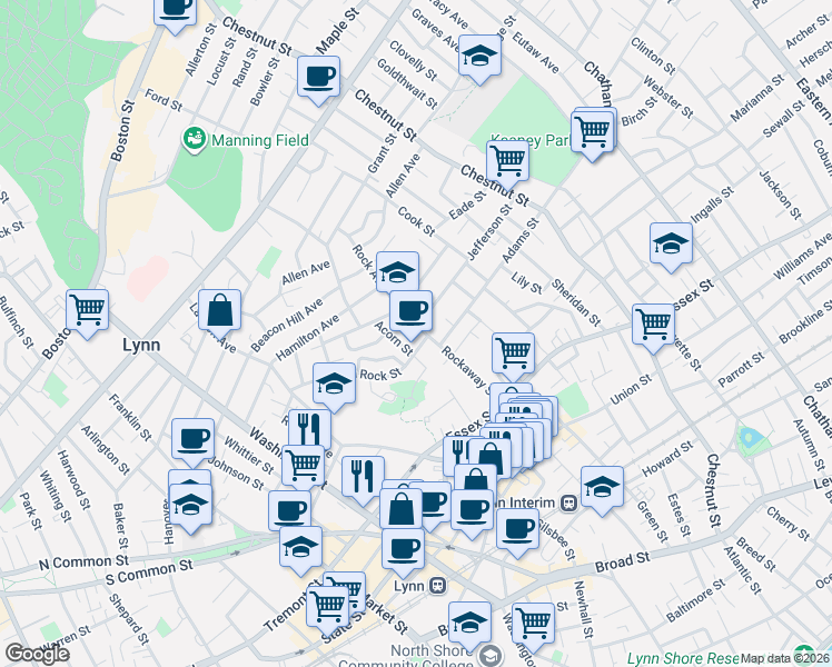 map of restaurants, bars, coffee shops, grocery stores, and more near 31 Acorn Street in Lynn