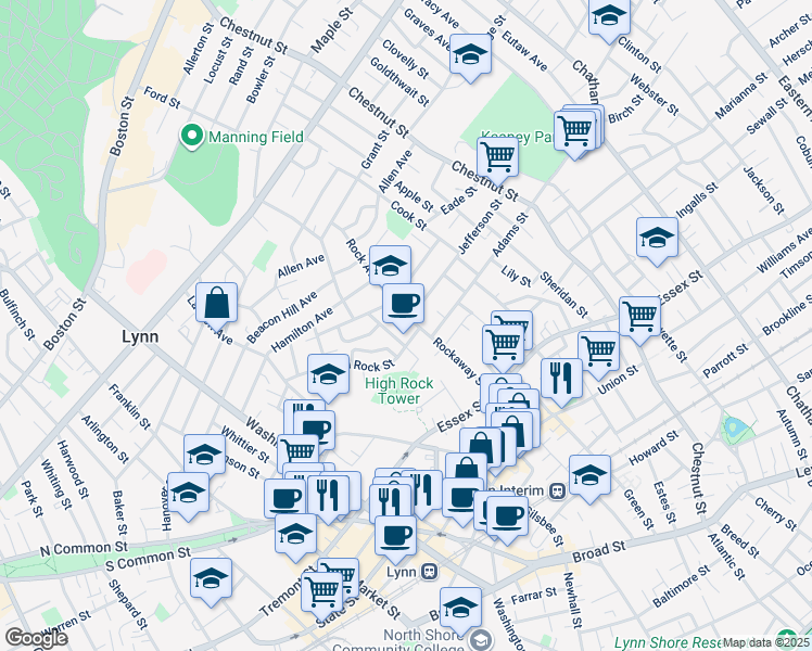map of restaurants, bars, coffee shops, grocery stores, and more near 31 Acorn Street in Lynn