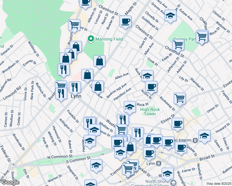 map of restaurants, bars, coffee shops, grocery stores, and more near 4 Hamilton Avenue in Lynn