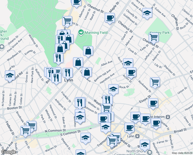 map of restaurants, bars, coffee shops, grocery stores, and more near 104 Lawton Avenue in Lynn