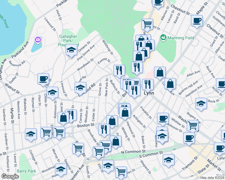 map of restaurants, bars, coffee shops, grocery stores, and more near 29 Waverly Street in Lynn