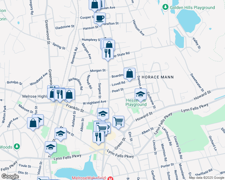 map of restaurants, bars, coffee shops, grocery stores, and more near 1017 Main Street in Melrose