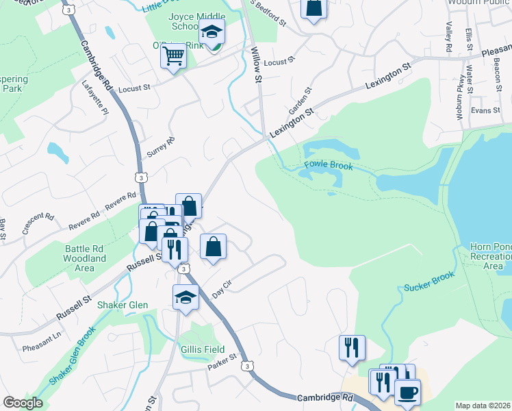 map of restaurants, bars, coffee shops, grocery stores, and more near 37 Mayflower Road in Woburn