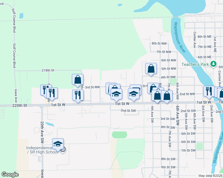 map of restaurants, bars, coffee shops, grocery stores, and more near 101-299 13th Avenue Northwest in Independence