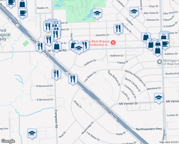 map of restaurants, bars, coffee shops, grocery stores, and more near 24530 Lee Baker Drive in Southfield