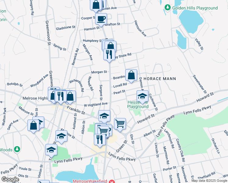 map of restaurants, bars, coffee shops, grocery stores, and more near 1017 Main Street in Melrose
