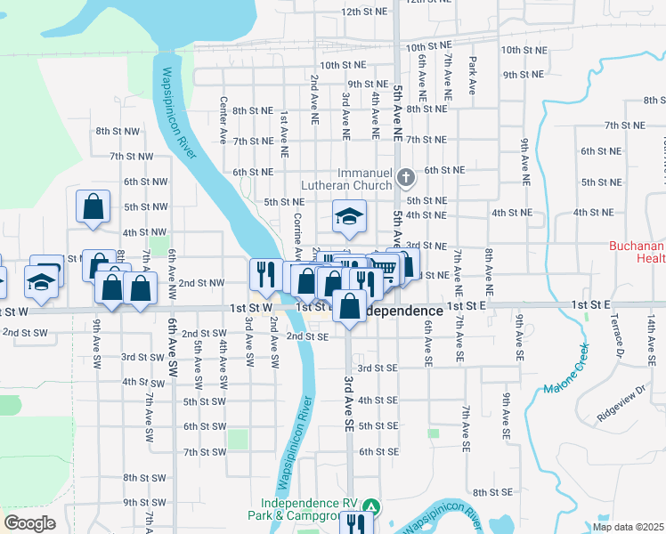 map of restaurants, bars, coffee shops, grocery stores, and more near 210 2nd Street Northeast in Independence