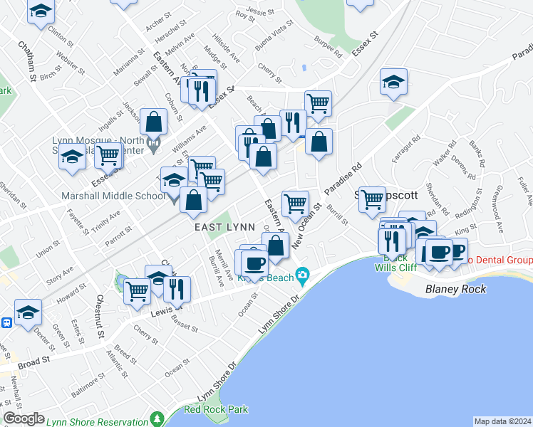 map of restaurants, bars, coffee shops, grocery stores, and more near 17 Erie Street in Lynn