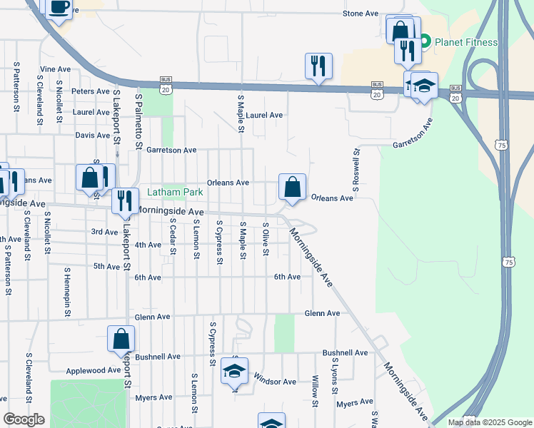 map of restaurants, bars, coffee shops, grocery stores, and more near 2044 South Olive Street in Sioux City