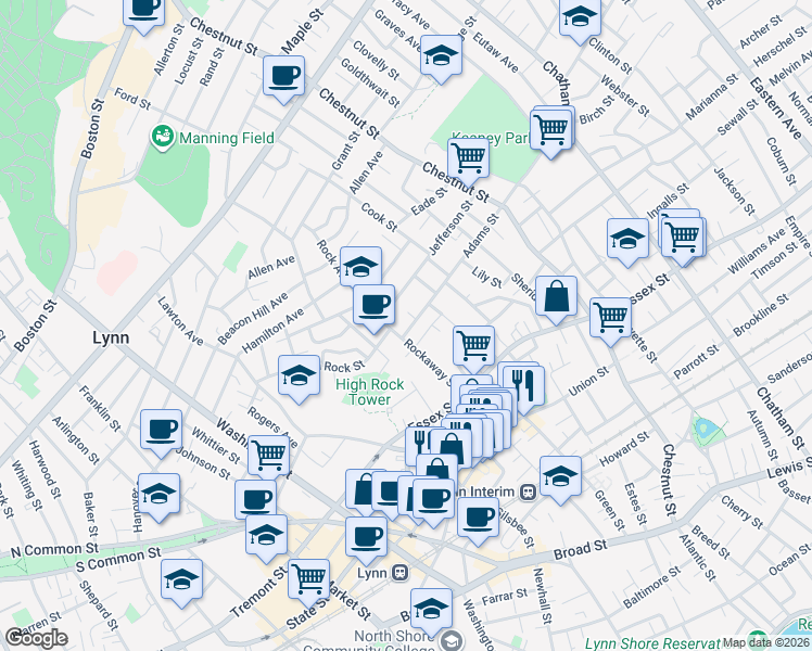 map of restaurants, bars, coffee shops, grocery stores, and more near 68 Rockaway Street in Lynn