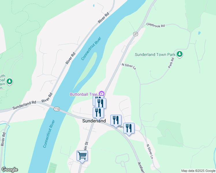 map of restaurants, bars, coffee shops, grocery stores, and more near 172 North Main Street in Sunderland