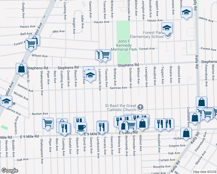 map of restaurants, bars, coffee shops, grocery stores, and more near 23135 Brittany Avenue in Eastpointe
