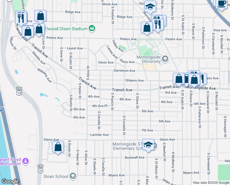 map of restaurants, bars, coffee shops, grocery stores, and more near 3235 4th Avenue in Sioux City