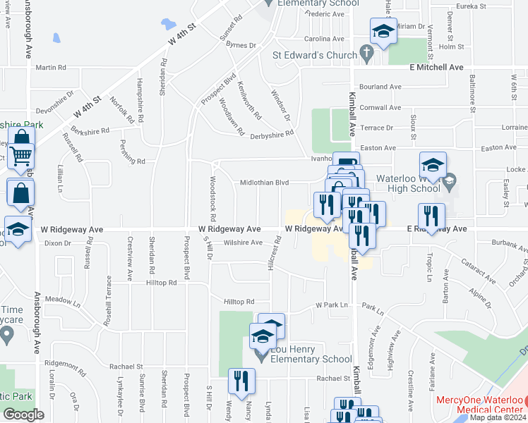 map of restaurants, bars, coffee shops, grocery stores, and more near 145 Elmridge Road in Waterloo