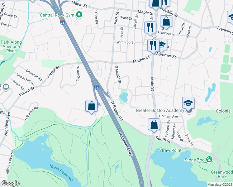 map of restaurants, bars, coffee shops, grocery stores, and more near 224 Park Street in Stoneham