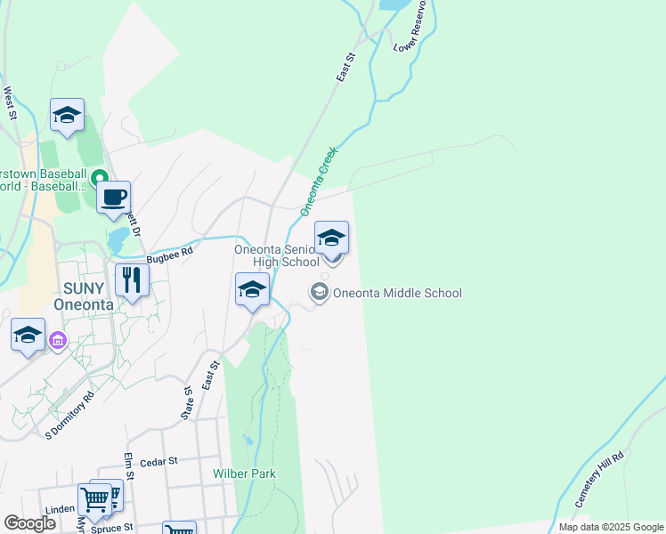 map of restaurants, bars, coffee shops, grocery stores, and more near 130 East Street in Oneonta