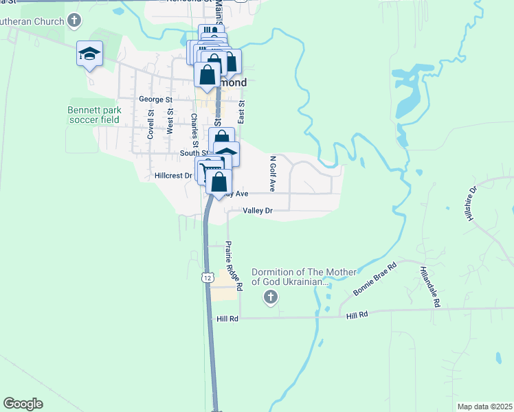 map of restaurants, bars, coffee shops, grocery stores, and more near 5412 Valley Drive in Richmond