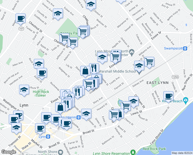 map of restaurants, bars, coffee shops, grocery stores, and more near 183-185 Chestnut Street in Lynn