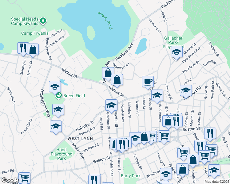map of restaurants, bars, coffee shops, grocery stores, and more near 148 Myrtle Street in Lynn
