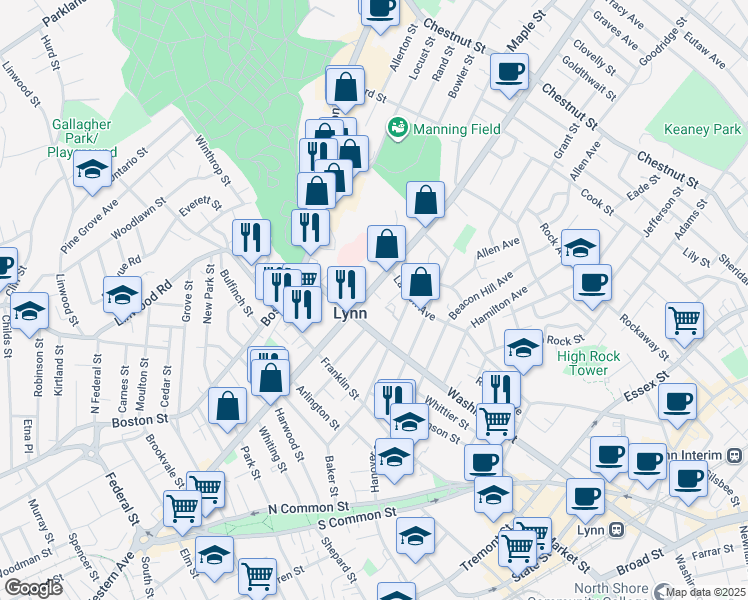 map of restaurants, bars, coffee shops, grocery stores, and more near 76 Washington Street in Lynn