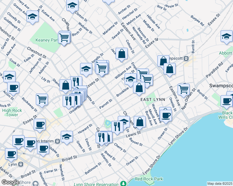 map of restaurants, bars, coffee shops, grocery stores, and more near 95 Chatham Street in Lynn