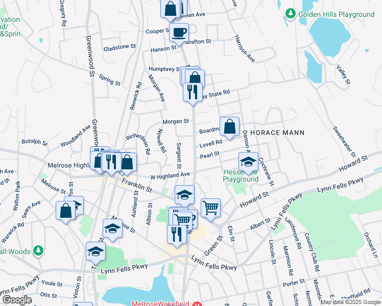 map of restaurants, bars, coffee shops, grocery stores, and more near 1017 Main Street in Melrose