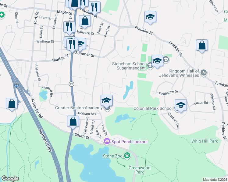 map of restaurants, bars, coffee shops, grocery stores, and more near 9 Dapper Darby Drive in Stoneham