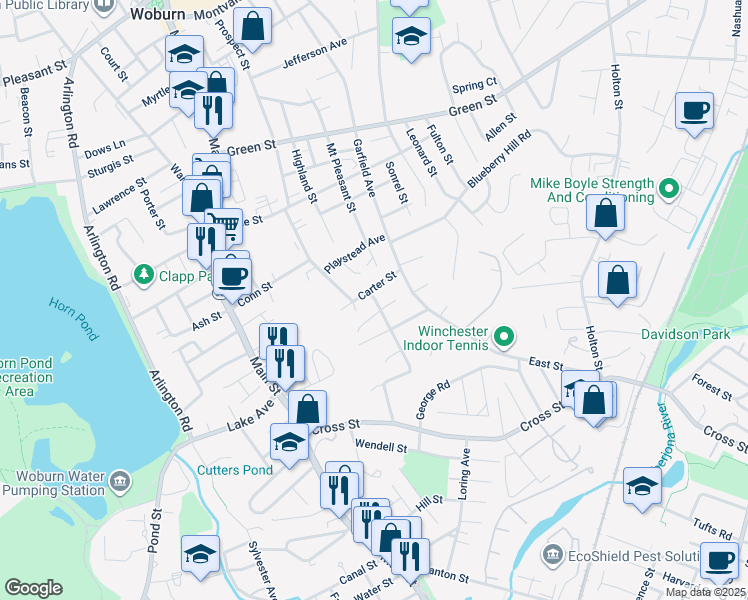 map of restaurants, bars, coffee shops, grocery stores, and more near 5 Abbott Court in Woburn