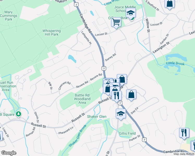 map of restaurants, bars, coffee shops, grocery stores, and more near 165 Cambridge Road in Woburn