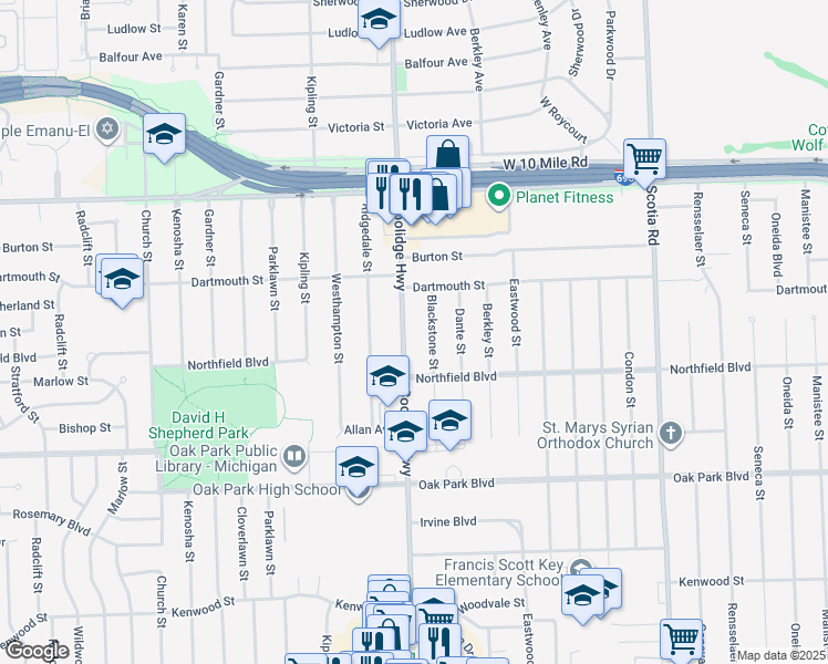 map of restaurants, bars, coffee shops, grocery stores, and more near 24247 Coolidge Highway in Oak Park