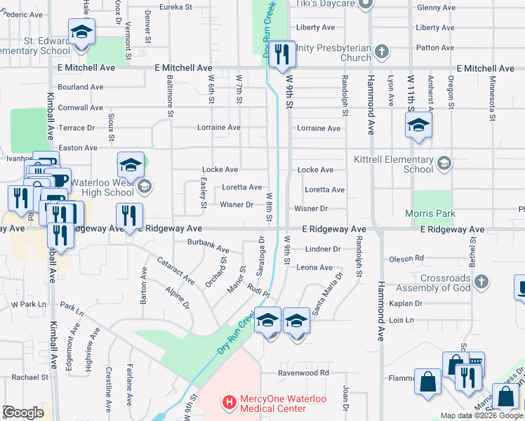 map of restaurants, bars, coffee shops, grocery stores, and more near 929 East Ridgeway Avenue in Waterloo